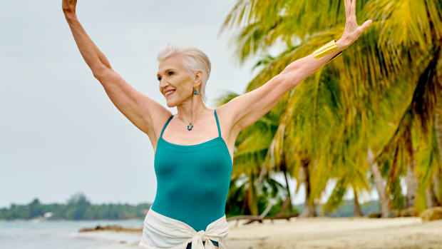Maye Musk was photographed by Yu Tsai in Belize. Swimsuit by ERES. Skirt by BAHIA MARIA. Earrings by Ottoman Hands. Necklace by Cleopatra's Bling. Bracelet by Mary McFadden provided by New York Vintage. 